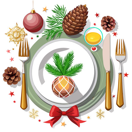 A place setting with a white plate. silverware pine cones. and a gold christmas ornament. . AI generated. Vector iconのイラスト素材