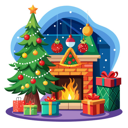 A christmas scene with a fire place and a christmas tree. image.. AI generated. Vector iconのイラスト素材