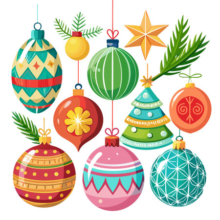 A collection of christmas tree ornaments isolated on a transparent background. . AI generated. Vector iconのイラスト素材