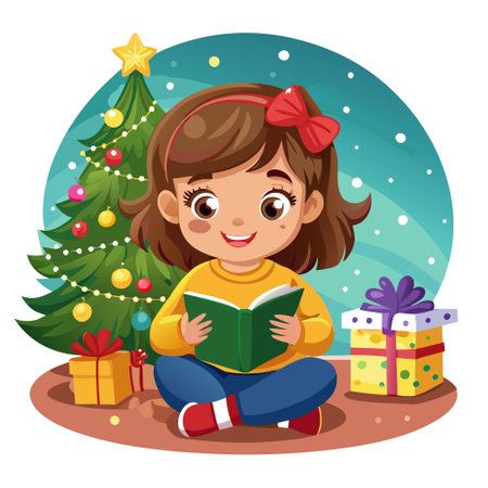 A little girl reading a book in front of a Christmas tree. AI generated. Vector iconのイラスト素材