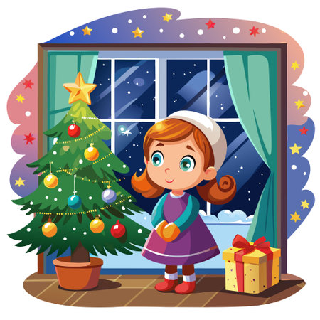 A little girl looking out a window at a Christmas tree. AI generated. Vector iconのイラスト素材