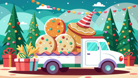 A cute White Truck and Christmas Tree cookies on a plate. Festive atmosphere. Horizontal. side view. AI generated. Vector iconのイラスト素材