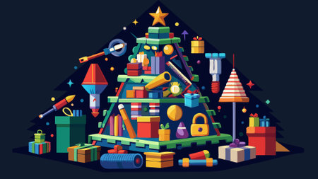 A symbolic Christmas tree made of construction tools on a black background. 3D render illustration.. AI generated. Vector iconのイラスト素材