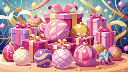 A pile of pink and gold christmas ornaments. Christmas gift boxes on pink.. AI generated. Vector iconのイラスト素材