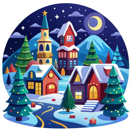 A festive and snowy Christmas village at night. creation.. AI generated. Vector iconのイラスト素材