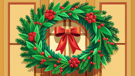 A festive Christmas wreath made of green pine branches. red berries and pine cones hanging on a door. AI generated. Vector iconのイラスト素材