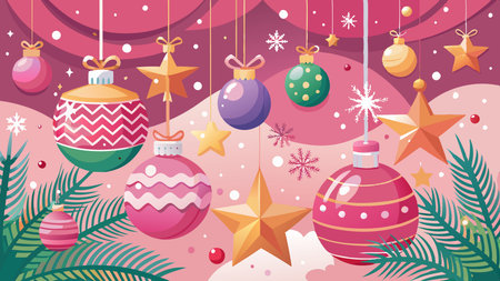 A pink christmas background with ornaments and stars on itâs side. . AI generated. Vector iconのイラスト素材