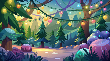Abstract christmas fairy lights with magical forest in background. AI generated. Vector iconのイラスト素材