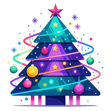 Abstract merry christmas tree with neon colorful lighting. . AI generated. Vector iconのイラスト素材