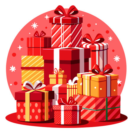 A stack of various red christmas presents on a red background. AI generated. Vector iconのイラスト素材