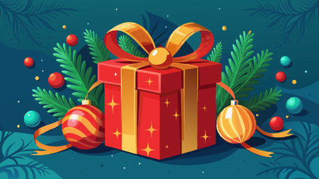 A red gift box with a gold ribbon and a christmas ornament.. AI generated. Vector iconのイラスト素材