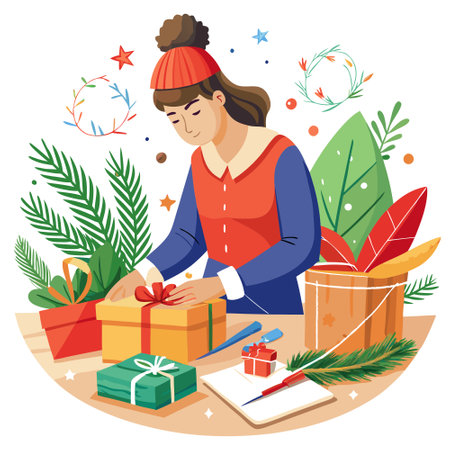 An unrecognizable woman is wrapping a Christmas gift in craft paper and a fir branch. AI generated. Vector iconのイラスト素材