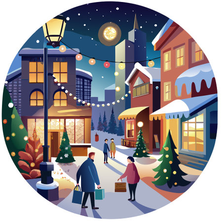 Background blur city evening street with people unfocused. snow and christmas lights. AI generated. Vector iconのイラスト素材