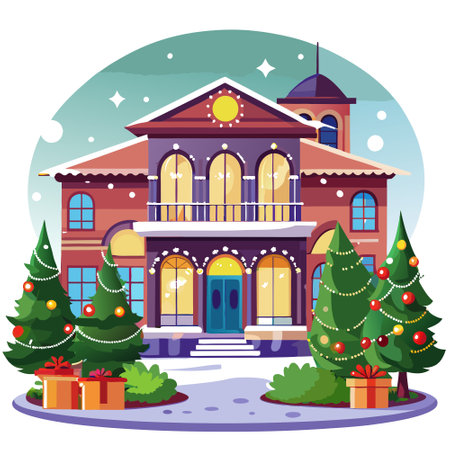 A wide angle shot of a villa decorated for Christmas with lights and Christmas trees. AI generated. Vector iconのイラスト素材