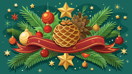 Banner of decorative christmas tree branches with cones and balls. AI generated. Vector iconのイラスト素材