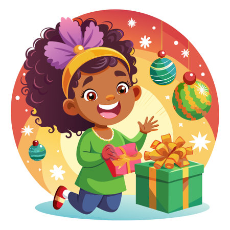 African girl smile shaking christmas present. happy child gets gift. AI generated. Vector iconのイラスト素材