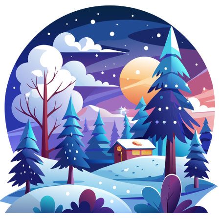Background with snowy scenes and night sky. snow-covered trees.. AI generated. Vector iconのイラスト素材