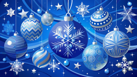 Blue Merry Christmas Background with Silver and Snowflake Decorations and Balls. . AI generated. Vector iconのイラスト素材
