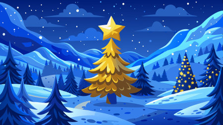 Blue christmas background with golden star dust and a landscape with a fir forest created with . AI generated. Vector iconのイラスト素材
