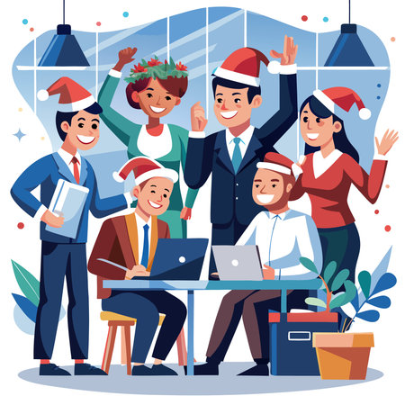 Business people wearing santa hats celebrating each other's new year at work. AI generated. Vector iconのイラスト素材