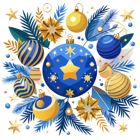 Christmas background with golden and blue decorations. Top view with copy space.. AI generated. Vector iconのイラスト素材