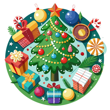 Christmas background with presents and christmas trees. top view. AI generated. Vector iconのイラスト素材