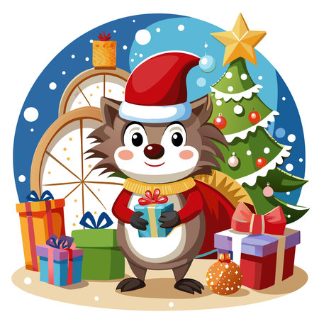 Christmas card concept cut hedgehog holding gifts wearing santa claus hat. AI generated. Vector iconのイラスト素材
