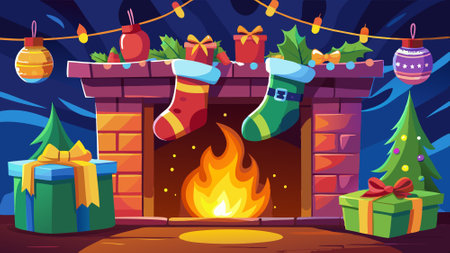Christmas gift socks hanging on the fireplace with fire. AI generated. Vector iconのイラスト素材