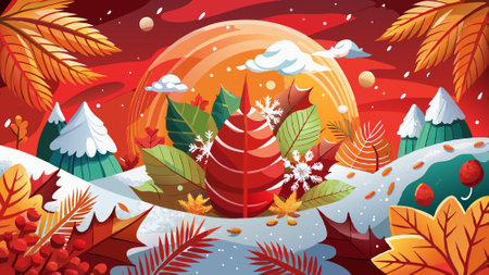 Christmas red magic background. snow. autumn leaves with pine cones. . AI generated. Vector iconのイラスト素材