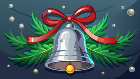 Christmas silver bell jingle on ribbon. Christmas New Year image. AI generated. Vector iconのイラスト素材