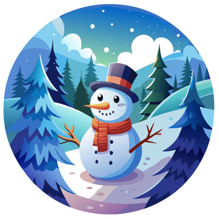 Christmas snowy winter snowman snowflakes falling background cinematic. AI generated. Vector iconのイラスト素材
