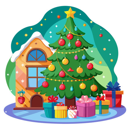 Christmas Tree In a regular house surrounded With Gifts for the Kids on christmas eve.. AI generated. Vector iconのイラスト素材