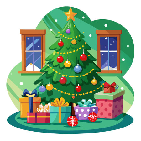 Christmas tree with Christmas gifts box decoration on floor green wall room background. AI generate. AI generated. Vector iconのイラスト素材