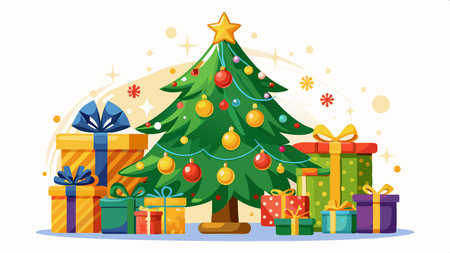 Christmas tree with gold decoration and gifts on the white background. AI generated. Vector iconのイラスト素材