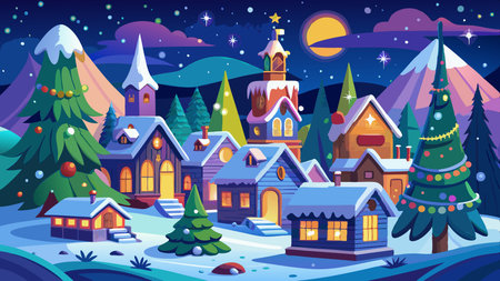 Christmas village winter at night backdrop. Christmas background. . AI generated. Vector iconのイラスト素材