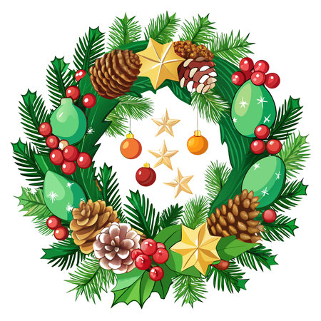 Christmas tree wreath and cones. Christmas decorations collection. AI generated. Vector iconのイラスト素材