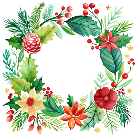 Christmas watercolor frame with greens. red flowers and berries. White copy space inside. . AI generated. Vector iconのイラスト素材