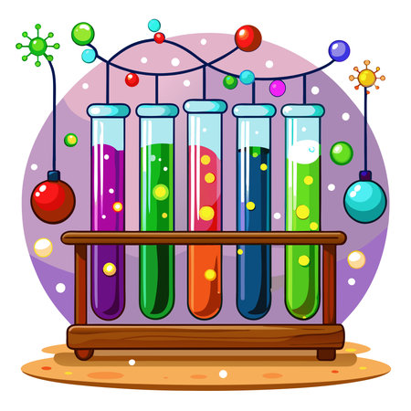Colorful test tubes on a wooden table with Christmas lights. AI generated. Vector iconのイラスト素材