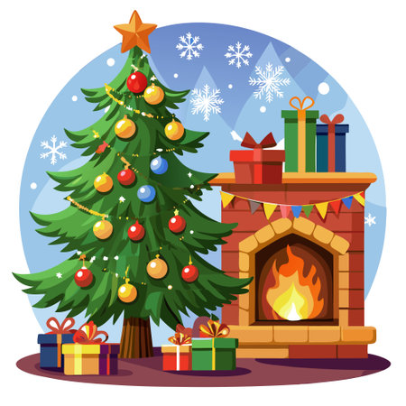 Classic Christmas tree adorned with ornaments and lights. set against a warm fireplace.. AI generated. Vector iconのイラスト素材