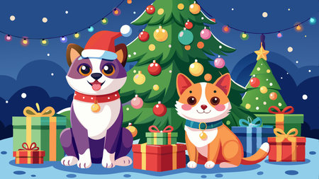 Cute dog and cat together near Christmas tree and gifts. AI generated. Vector iconのイラスト素材