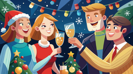 Close up of people toasting with christmas champagne glasses. . AI generated. Vector iconのイラスト素材
