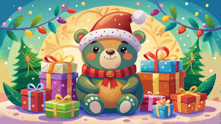 Cute Christmas bear toy with gifts. Watercolor illustration.. AI generated. Vector iconのイラスト素材