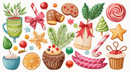 Design for Sweet christmas set of watercolor elements. AI generated. Vector iconのイラスト素材