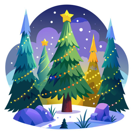 Forest with christmas trees and glowing lights as christmas illustration. AI generated. Vector iconのイラスト素材