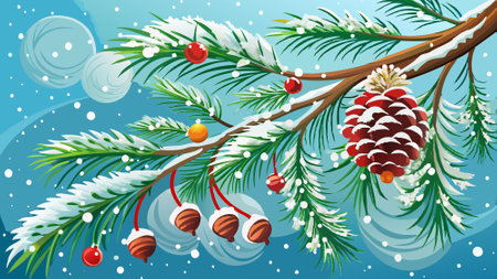 Frosty conifer branch. cones and christmas decorations on snowfall with copy space. AI generated. Vector iconのイラスト素材