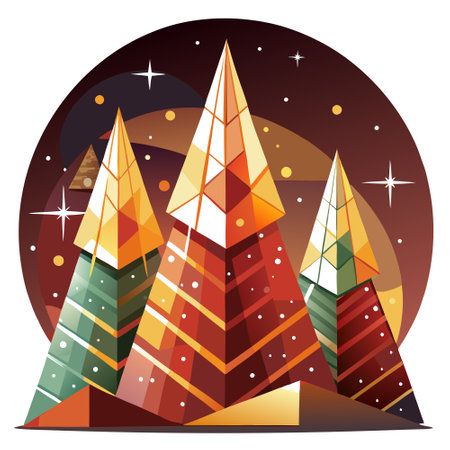 Geometrical triangular Christmas trees with glitter in a brown reddish night. AI generated. Vector iconのイラスト素材