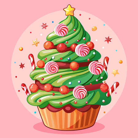 Giant christmas tree cupcake decorated with candy cane against pastel pink bakcground.. AI...