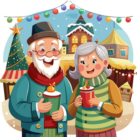 Funny happy cute loving old couple at the christmas market on christmas eve created with technology. AI generated. Vector iconのイラスト素材
