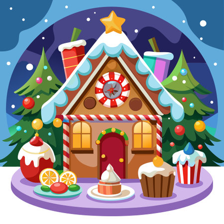 Gingerbread house on a Christmas table with a background of lights.. AI generated. Vector iconのイラスト素材