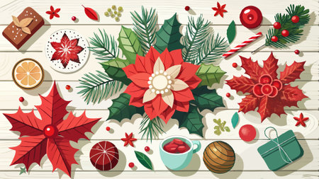 Flat lay composition with poinsettias and holiday decor on white wooden table. . AI generated. Vector iconのイラスト素材